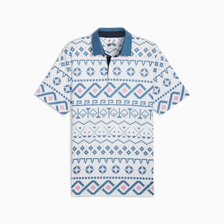 Fair Isle Print Golf Polo Men, White Glow-Blue Horizon, small-IDN