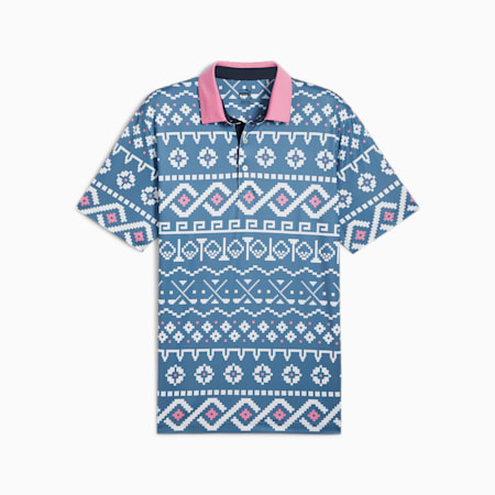 Fair Isle Print Golf Polo Men, Blue Horizon-White Glow, small-IDN