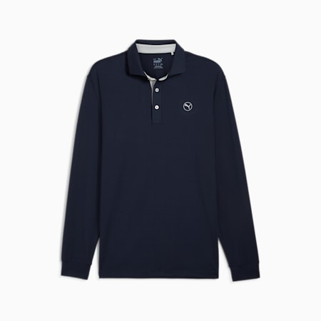 CLOUDSPUN Long Sleeve Mid-weight Golf Polo Men, Deep Navy-Ash Gray, small