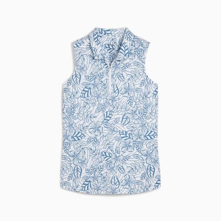 CLOUDSPUN Leafy Sleeveless Golf Polo Women, White Glow-Blue Horizon, small-SEA