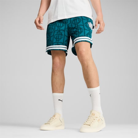 Shorts in mesh con stampa integrale PUMA X PALM TREE CREW da uomo, Cold Green-AOP, small