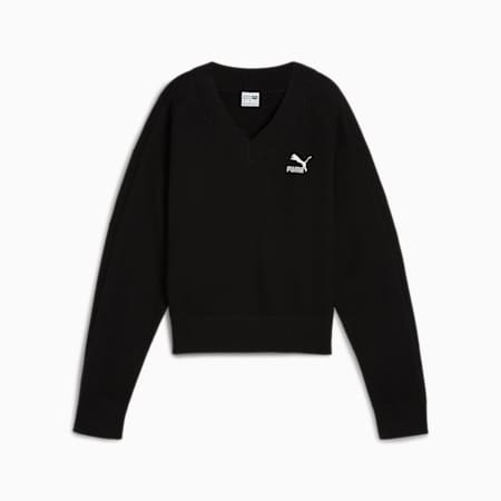 T7 Knitted V-Neck Crew Women, PUMA Black, small