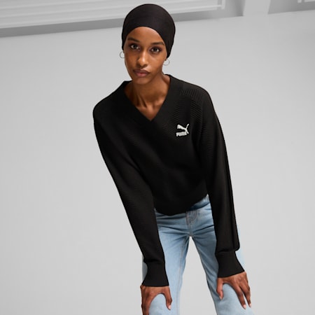 T7 Knitted V-Neck Crew Women, PUMA Black, small