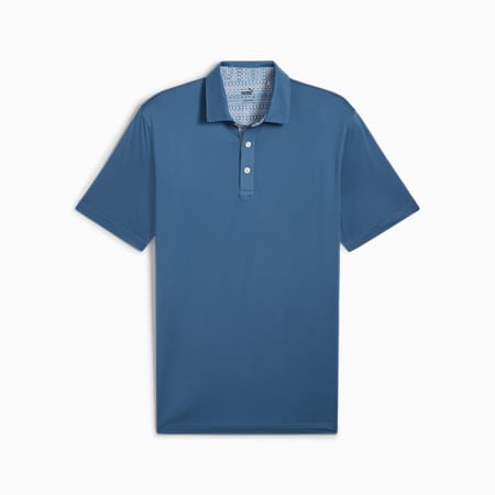 Fair Isle Trim Golf Polo Men, Blue Horizon, small-IDN