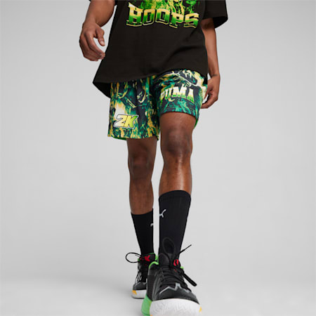 PUMA HOOPS x 2K Men's Shorts, PUMA Green-PUMA Black-AOP, small