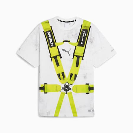 푸마 x 에이셉 라키 디스트레스 싯 벨트 티<br>PUMA X A$AP ROCKY Distressed Seat Belt T-shirt, PUMA White-Lime Pow, small-KOR