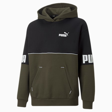 PUMA POWER Colour Block Hoodie - Boys 8-16 years, Forest Night, small-NZL