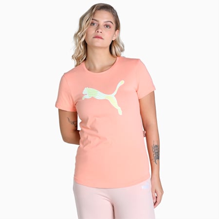 Patterned Graphic Logo Women's T-Shirt, Peach Pink, small-IND