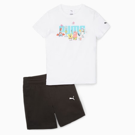 ชุดเช็ตเสื้อยืดและกางเกงขาสั้นสำหรับเด็ก PUMA x SPONGEBOB, PUMA White-puma black, small-THA