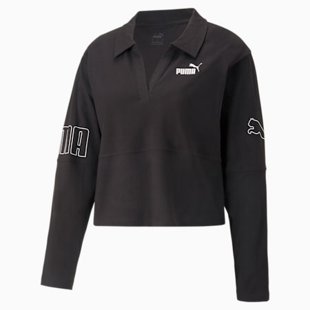 PUMA POWER Women's Longsleeve Polo Shirt, PUMA Black, small-AUS