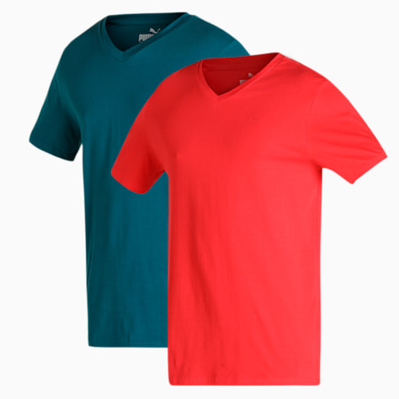 Men's V-Neck T-Shirts Pack of 2, High Risk Red-Blue Coral, small-IND