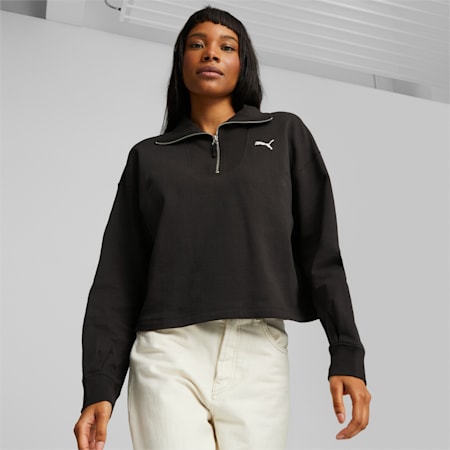 HER Women's High-Neck Half-Zip Sweatshirt, PUMA Black, small-AUS