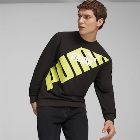 PUMA POWER sweatshirt met print voor heren, PUMA Black-Lime Sheen, small