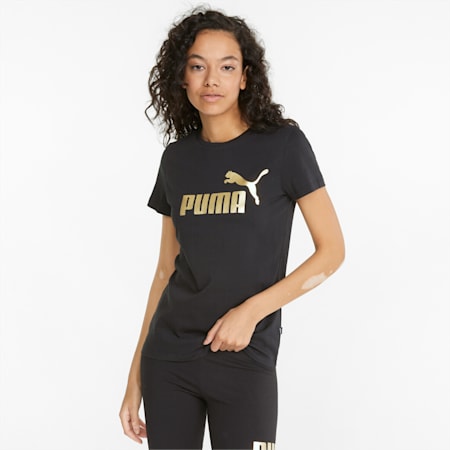 ESS+ Metallic Logo Tee Women, PUMA Black-Gold foil-logo, small-PHL