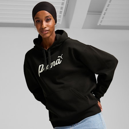 ESS+ Script Hoodie Damen, PUMA Black-white rubber, small