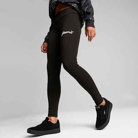 ESS+ SCRIPT Leggings Damen, PUMA Black-gold foil, small