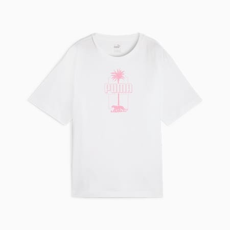 ESS+ PALM RESORT graphic T-shirt voor dames, PUMA White, small