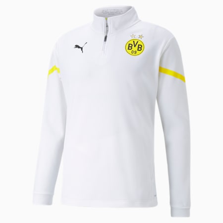 Męska koszulka PUMA x FIRST MILE BVB Prematch z zamkiem 1/4, Puma White-Cyber Yellow, small