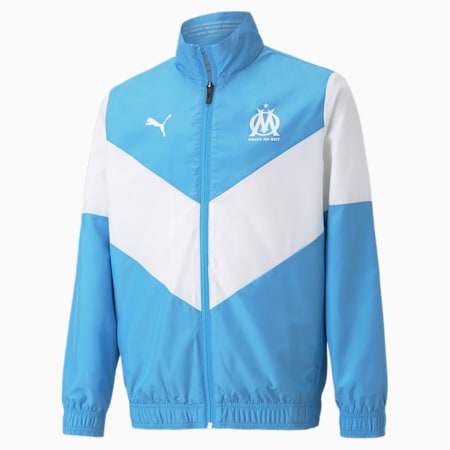 OM Prematch Youth Football Jacket, Bleu Azur-Puma White, small