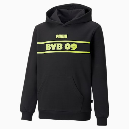 Młodzieżowa bluza piłkarska BVB FtblLegacy z kapturem, Puma Black-Safety Yellow, small