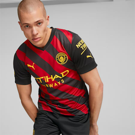 قميص جيرسيه للرجال Manchester City F.C. Away 22/23 Replica, Puma Black-Tango Red, small-DFA