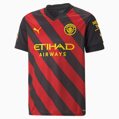 Manchester City F.C. Away 22/23 Youth Regular Fit Replica Jersey, Puma Black-Tango Red, small-IND