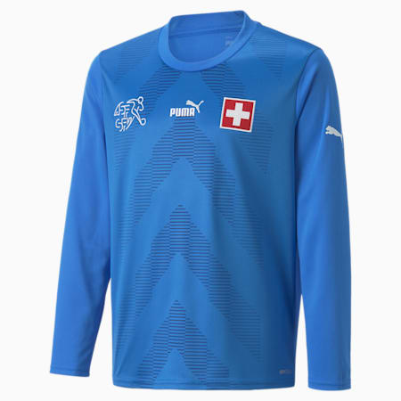 Zwitserland voetbal keepersshirt met lange mouwen, replica jeugd, Electric Blue Lemonade, small