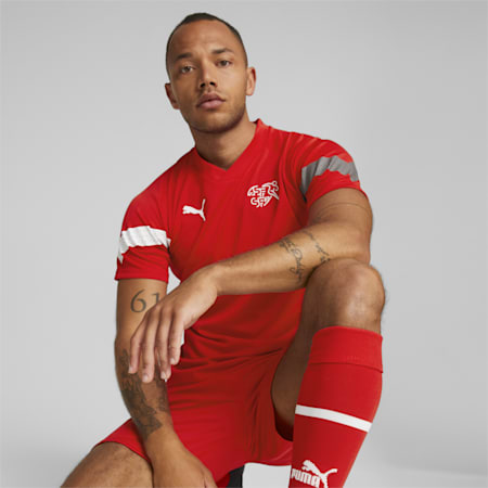 Szwajcarska koszulka treningowa piłkarska dla mężczyzn, Puma Red-Puma White-Smoked Pearl, small