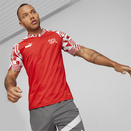 Camiseta de prepartido de fútbol de Suiza para hombres, Puma Red-Smoked Pearl, small