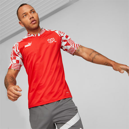 Szwajcarska koszulka przedmeczowa piłkarska dla mężczyzn, Puma Red-Smoked Pearl, small
