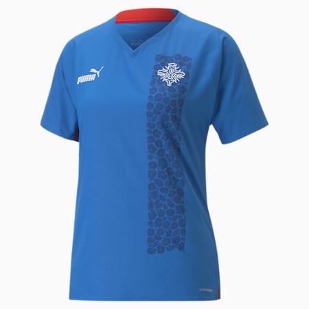 PUMA x LIBERTY Camiseta de local de Islandia para mujer, Electric Blue Lemonade, small