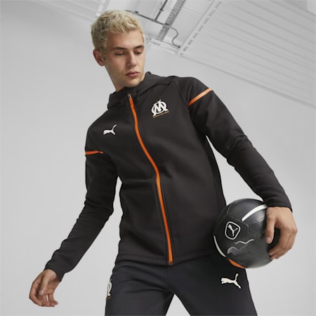 Olympique de Marseille Football Casuals Hooded Jacket, PUMA Black-Rickie Orange, small