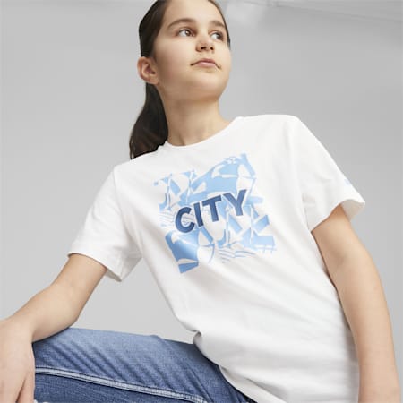 Manchester City FtblCore Graphic T-Shirt Teenager, PUMA White-Team Light Blue, small