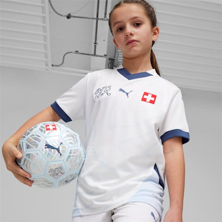 Maglia da calcio in jersey gara Away Svizzera 2024 da ragazzi, PUMA White-Icy Blue, small