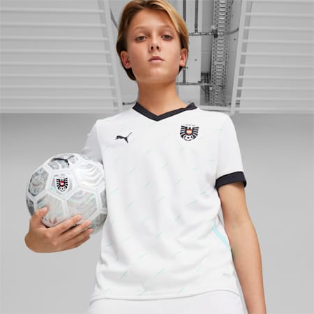 Maglia da calcio in jersey gara Away Austria 2024 da ragazzi, PUMA White-Electric Peppermint, small