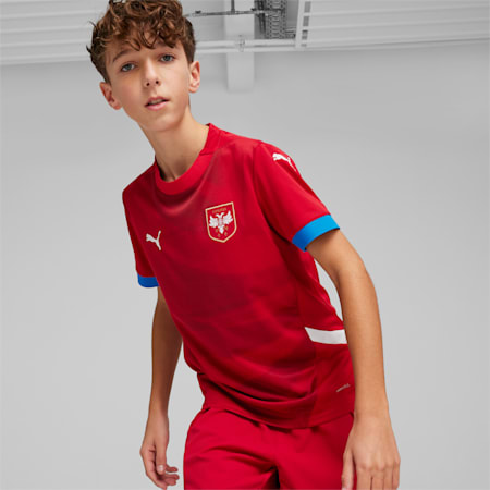 Młodzieżowa koszulka domowa reprezentacji Serbii w piłce nożnej 2024, Dark Cherry-PUMA Team Royal, small