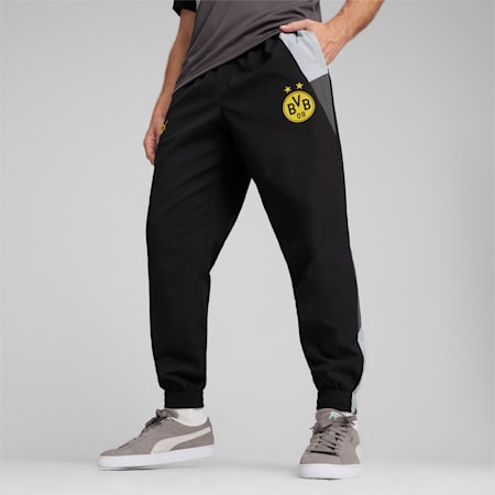 Pantaloni Borussia Dortmund in tessuto da uomo, PUMA Black-Cool Mid Gray-Shadow Gray, small