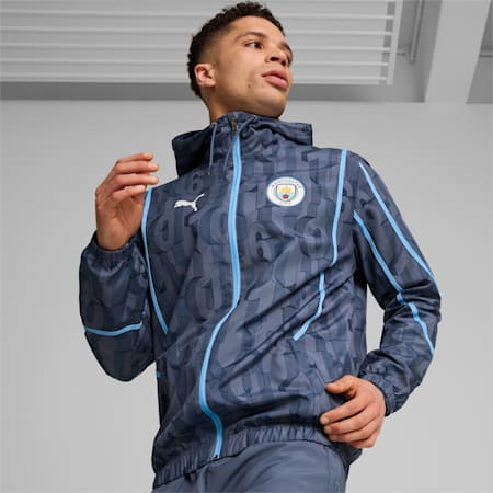 Męska kurtka przedmeczowa z tkaniny Manchester City, Inky Blue-Team Light Blue, small