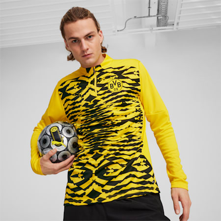 Męska bluza przedmeczowa z zamkiem 1/4 Borussia Dortmund, Faster Yellow-PUMA Black, small