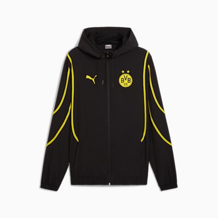 Męska kurtka przedmeczowa z tkaniny Borussia Dortmund, PUMA Black-Faster Yellow, small