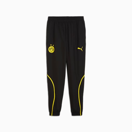 Męskie spodnie przedmeczowe z tkaniny Borussia Dortmund, PUMA Black-Faster Yellow, small