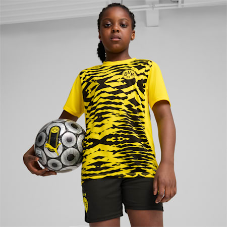 Młodzieżowa koszulka przedmeczowa z krótkim rękawem Borussia Dortmund, Faster Yellow-PUMA Black, small