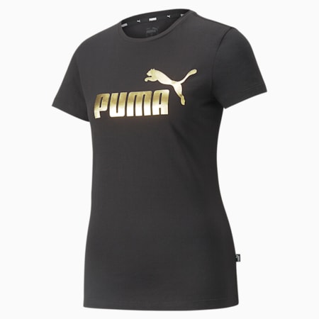 Essentials+ Metallic Logo T-shirt &apos;voor dames, Puma Black-Gold foil, small