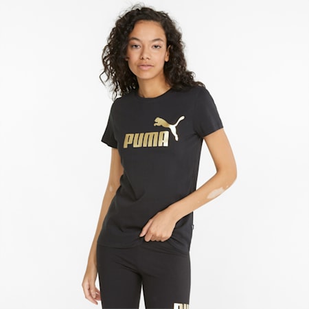 Essentials+ Metallic Logo T-shirt voor dames, Puma Black-Gold foil, small