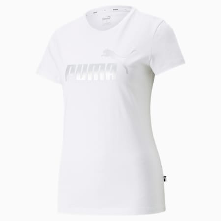 Essentials+ Metallic Logo Tee Women, Puma White-silver metallic, small-THA