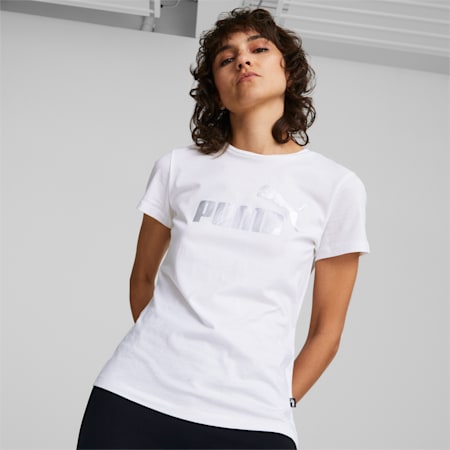 Essentials+ Metallic Logo Damen T-Shirt, Puma White-silver metallic, small