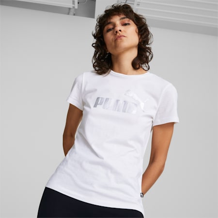 Essentials+ Metallic Logo Women's Tee, Puma White-silver metallic, small