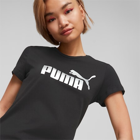 Essentials+ T-shirt met metallic logo dames, Puma Black-silver metallic, small
