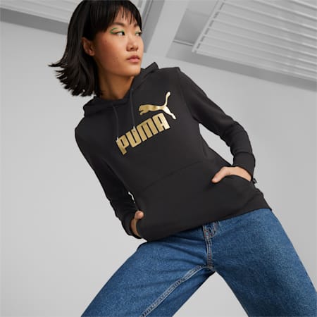 Essentials+ Metallic Logo Hoodie Damen, PUMA Black-Gold, small