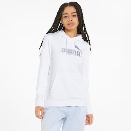Essentials+ Metallic Logo Women's Hoodie, Puma White-Metallic Silver, small